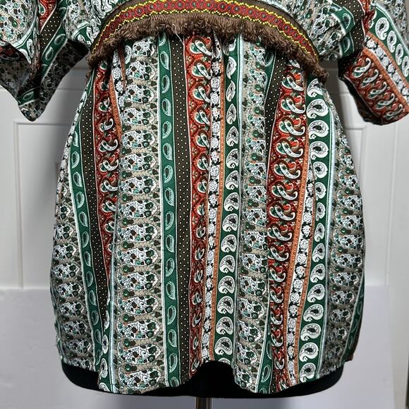 Umgee V-Neck Short Kimono Sleeve Tunic Top Fringe Paisley Aztec Embroidery Sz S - Picture 7 of 13